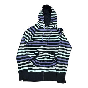 Vans Hoodie Womens Large Black Purple Striped Full Zip Embroidered Logo Raglan